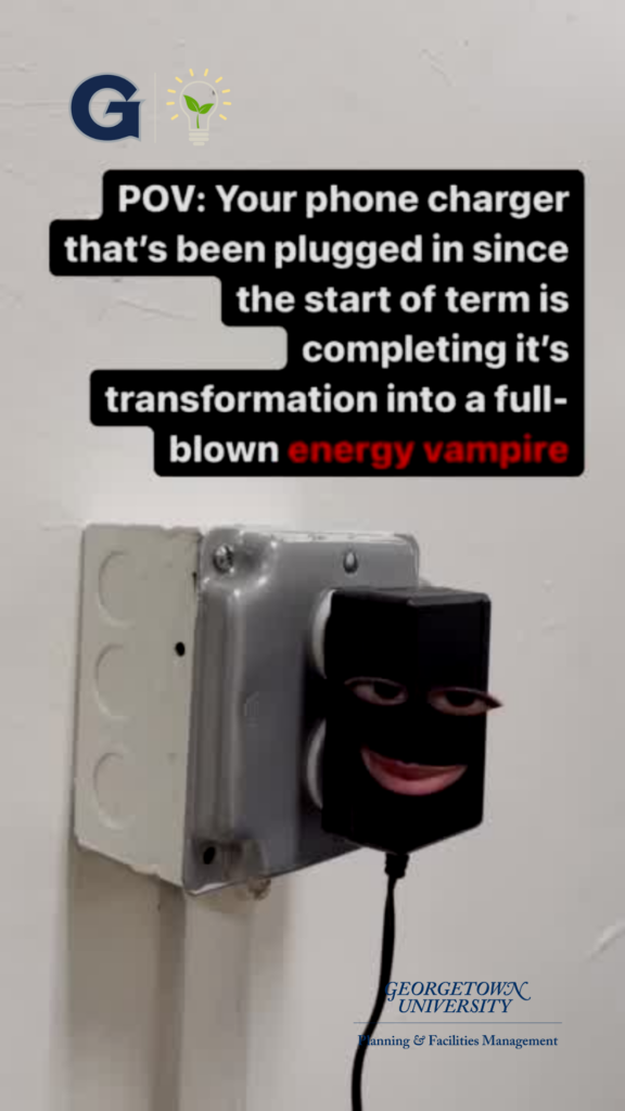 Plugged-in phone charger cackling away, with the caption POV: your phone charger that's been plugged in since the start of term is completing it's transformation into a full-blown energy vampire.