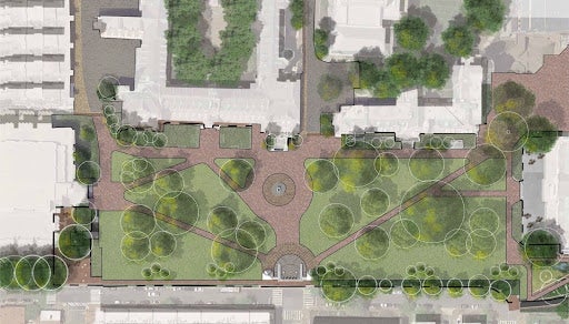 aerial image rendering of Healy Lawn with improved features and trees