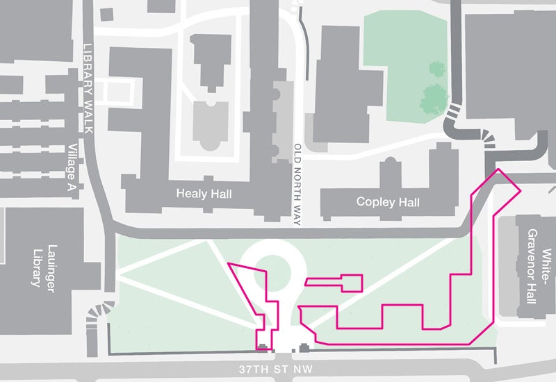 Map of Healy and Copley Lawn. Pink line marks the fencing for the Expanded Phase 1 construction. 