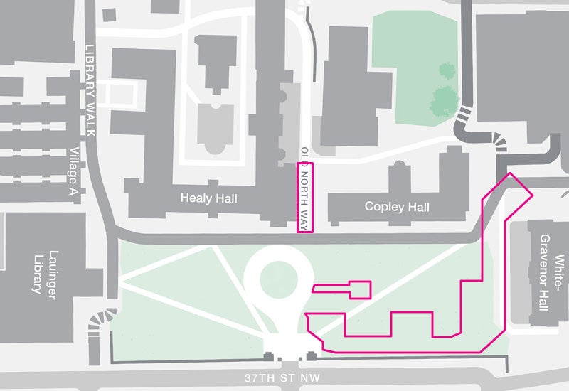 Map of Healy and Copley Lawn. Pink line marks the fencing for Phase 2 construction. 