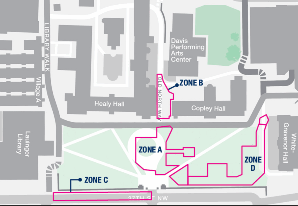 illustrated map showing zones A-D, detailed in pink.