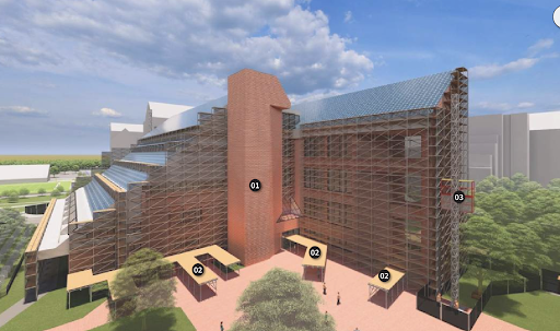 Rendering of the Intercultural Center with new solar panels.