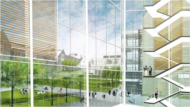 Building rendering with many windows and students walking