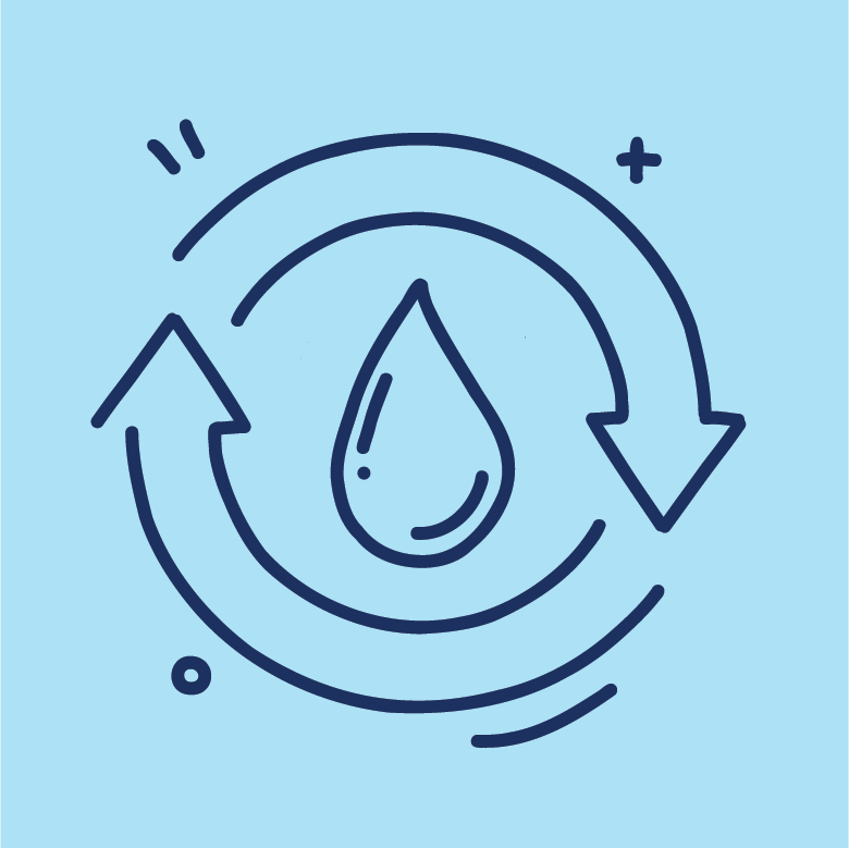 blue line icon of a water drop and cyclical arrows on light blue background