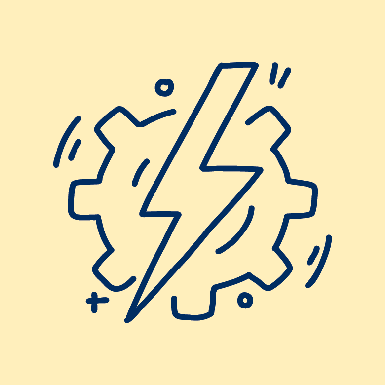 blue line icon of a lightening bolt and gear on light yellow background