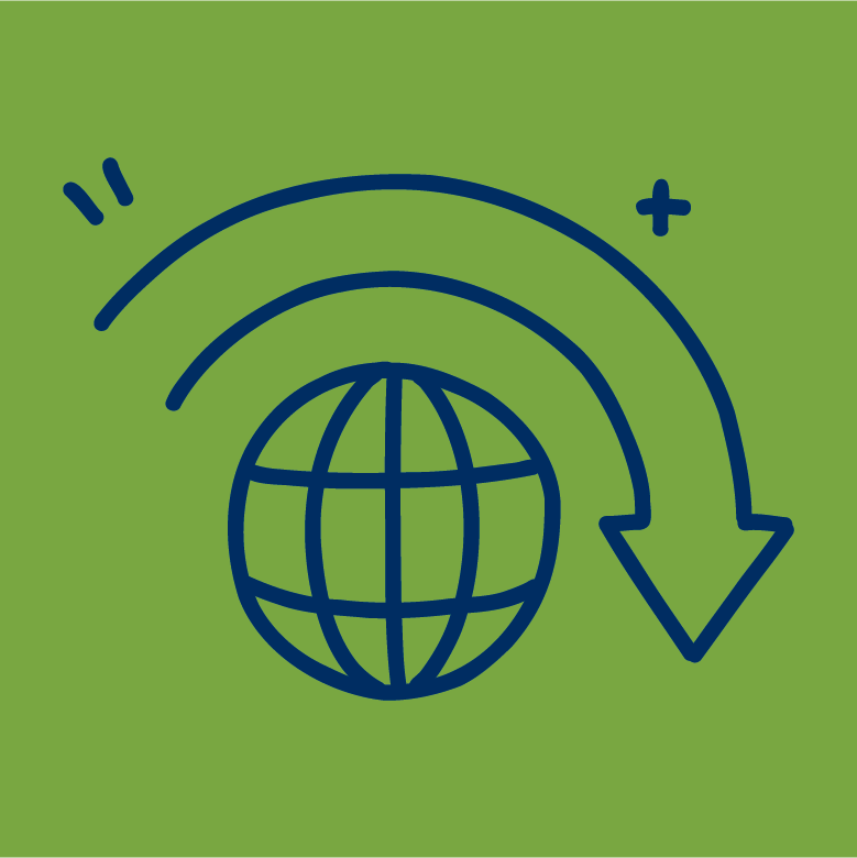 blue line icon of a planet and an arrow on green background