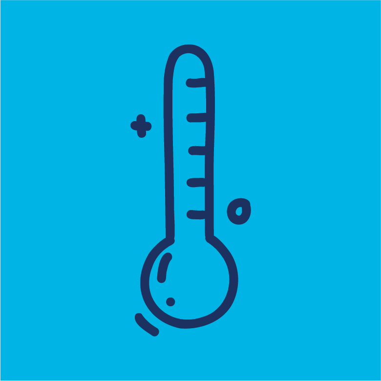 blue thermostat line icon on light blue background
