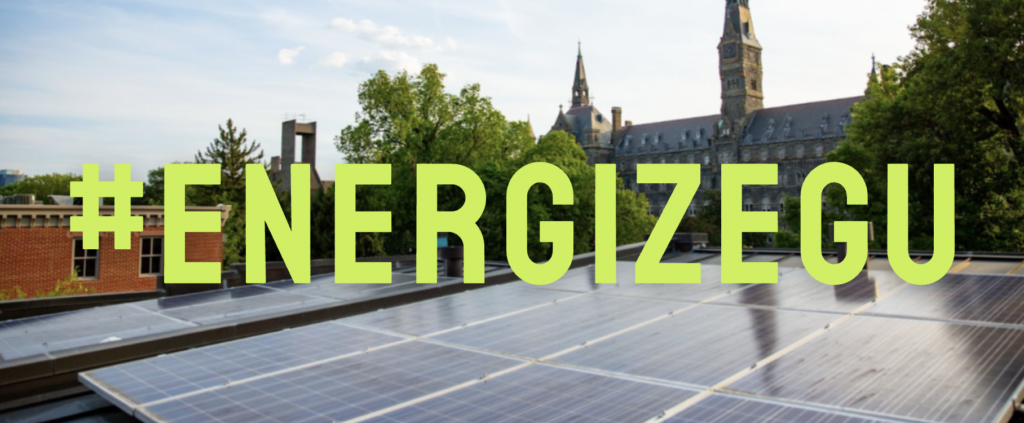 Solar panel array with the text #EnergizeGU overlayed