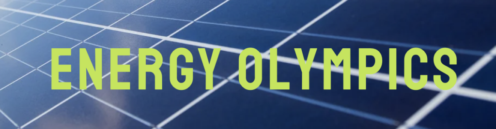 Solar panels with the text "energy olympics" overlaid