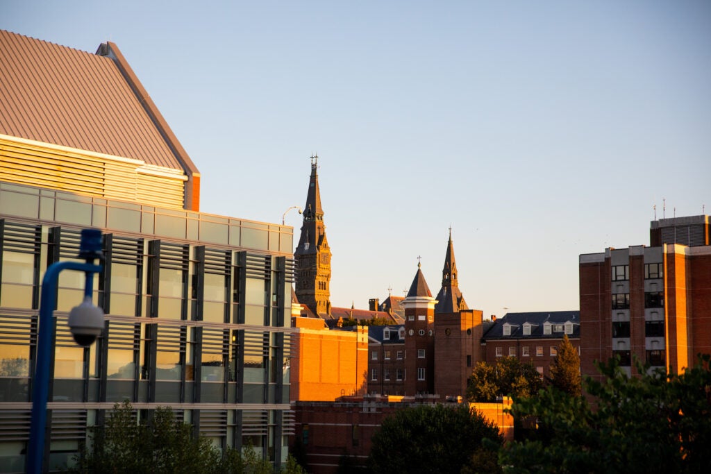 Skyline at sunset facing Village C, New South, and Healy Hall