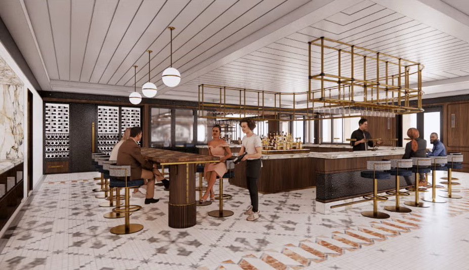 This is a photo of a hotel bar with several people