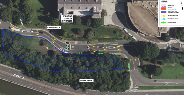 Aerial view illustrating the construction zone on west road
