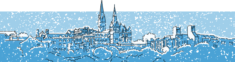 Drawing of Healy Hall in all blue, covered in snow