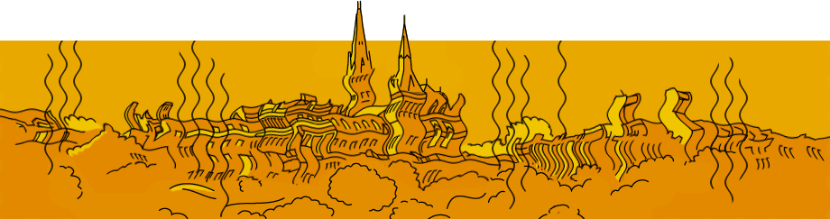 Drawing of Healy Hall in all orange and wiggly